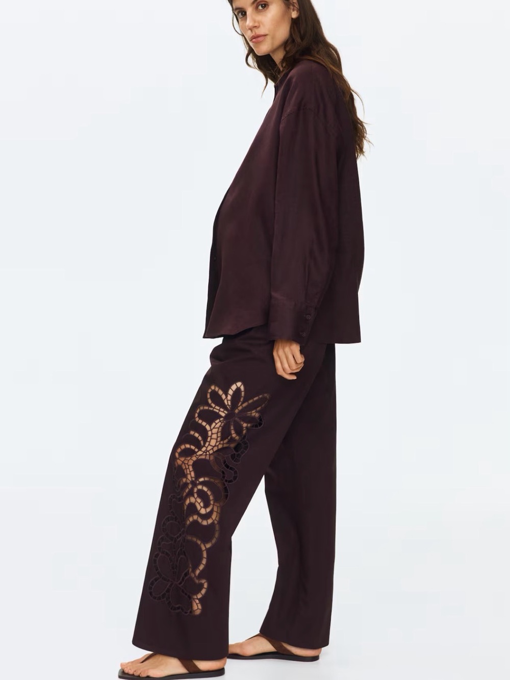 NWT H&M Mama Eyelet-embroidered Cut Out Cotton Pants Brown Size XS
